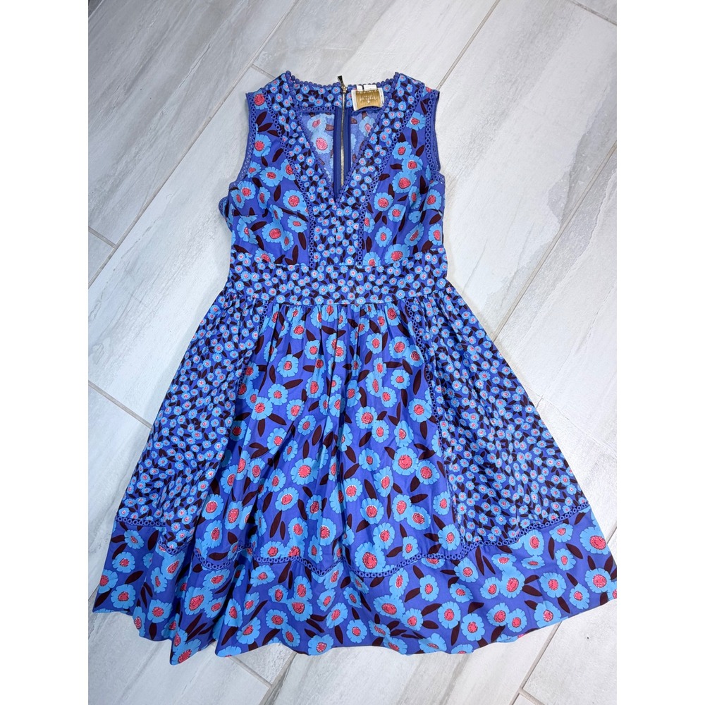 Kate Spade New York Blue Floral Lace Trim Fit Flare Dress Sleeveless Size 6